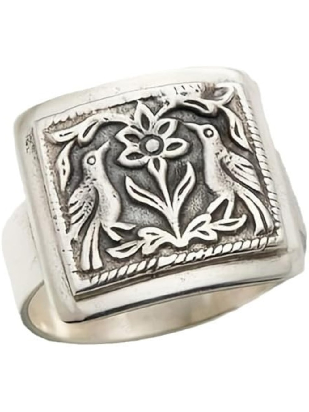 Sterling Silver Rectangular Bird & Flower Statement Ring